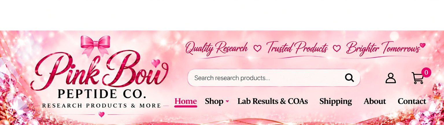 Pink Bow Peptide Co header with search and navigation